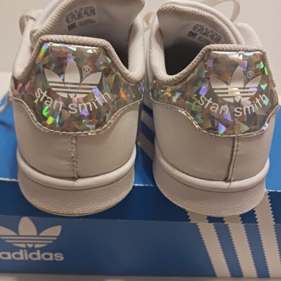 ADIDAS ORIGINALS J STAN SMITH EE8483 White/Silver Iridescent, Sz J6 (W8), used - Picture 10 of 15
